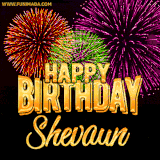 A golden 'Happy Birthday Shevaun' message with vibrant fireworks in the background, creating a festive and celebratory vibe in this animated name GIF.