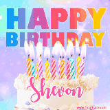 A vibrant animated name GIF with the words 'Happy Birthday Shevon' with colorful candles on a creamy cake. The background sparkles with pastel shades, adding a festive touch.