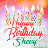 Bright birthday candles with rainbow flames on a cake, alongside the text 'Happy Birthday Shevy' in vibrant script in this celebratory animated GIF.
