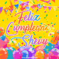 A bright and festive GIF with the text 'Feliz Cumpleaños Shevy' in Spanish in colorful fonts, surrounded by confetti, balloons, and festive banners on a vibrant yellow background.