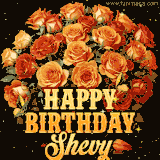 Animated bouquet of orange roses with moving butterfles and golden 'Happy Birthday Shevy' text, surrounded by sparkling accents and a dark backdrop for a luxurious feel.