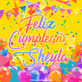A bright and festive GIF with the text 'Feliz Cumpleaños Sheyla' in Spanish in colorful fonts, surrounded by confetti, balloons, and festive banners on a vibrant yellow background.