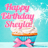 A festive cupcake with pink icing, a gingham bow, and a lit animated sparkler, paired with 'Happy Birthday Sheyla!' in bright pink text.
