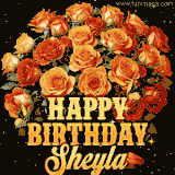 Animated bouquet of orange roses with moving butterfles and golden 'Happy Birthday Sheyla' text, surrounded by sparkling accents and a dark backdrop for a luxurious feel.