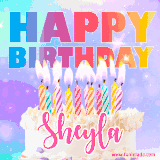 A vibrant animated name GIF with the words 'Happy Birthday Sheyla' with colorful candles on a creamy cake. The background sparkles with pastel shades, adding a festive touch.