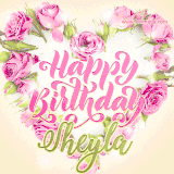 A stunning heart made of pink roses surrounds the elegant script text 'Happy Birthday Sheyla' on a soft beige background. Animated sparkles add a magical and festive feel.