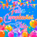 A vibrant animated GIF with 'Feliz Cumpleaños Shia' written in colorful script, surrounded by balloons, confetti, and bunting on a bright blue background.