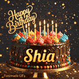 Gourmet chocolate cake with a glittering Happy Birthday sign and burning candles on a dark background and name Shia