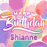 A vibrant name GIF featuring colorful balloons in shades of pink, orange, and yellow with the bold text 'Happy Birthday Shianne' in festive fonts, creating a lively birthday vibe.