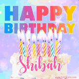 A vibrant animated name GIF with the words 'Happy Birthday Shibah' with colorful candles on a creamy cake. The background sparkles with pastel shades, adding a festive touch.