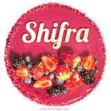 Beautifully decorated red velvet berry birthday cake with vibrant fruits and a glowing 'Shifra' name, adding a touch of sweetness and sparkle.
