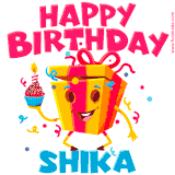 A vibrant and funny gift box character with a happy face dancing with a cupcake and the text 'Happy Birthday Shika,' surrounded by animated confetti and party vibes.