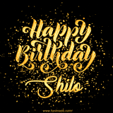 Animated GIF with colorful, festive 'Happy Birthday Shilo' text decorated with patterns, a party hat, and falling confetti. A vibrant and cheerful design for birthday celebrations.