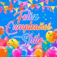 A vibrant animated GIF with 'Feliz Cumpleaños Shilo' written in colorful script, surrounded by balloons, confetti, and bunting on a bright blue background.