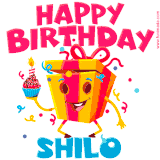 A funny animated birthday GIF with the words 'Happy Birthday Shiloa', colorful gift box with arms and legs, holding a cupcake with a lit candle  with confetti everywhere.