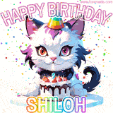 Adorable party-themed animated cat next to a lit birthday cake with text that says 'Happy Birthday Shiloh,' surrounded by colorful decorations and sparkles.