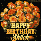 Animated bouquet of orange roses with moving butterfles and golden 'Happy Birthday Shiloh' text, surrounded by sparkling accents and a dark backdrop for a luxurious feel.
