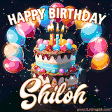 Bright birthday animation for Shiloh with a chocolate cake, candles, balloons, and glowing celebratory lights.