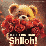 Cinematic style cute animated teddy bear with charming features holding a large bouquet of red roses, the words say 'Happy Birthday Shiloh' in sans serif font.
