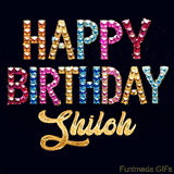 Vibrant luxury birthday greeting card for Shiloh, showing glittering gemstone letters and golden calligraphy on a dark background with twinkling shine effects.