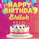 Pink-themed animated greeting with balloons, confetti, and a frosted cake under the message 'Happy Birthday Shiloh' in bold rounded yellow font.