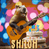 Animated birthday GIF showing a capybara playing guitar and singing beside a birthday cake with the name Shiloh in large letters and colorful bokeh lights in the background.