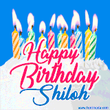 A cheerful animated GIF featuring colorful lit birthday candles on a white cake, with the text 'Happy Birthday Shiloh' in bold red and blue script on a bright blue background.