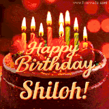 Animated GIF with colorful, festive 'Happy Birthday Shiloh' text decorated with patterns, a party hat, and falling confetti. A vibrant and cheerful design for birthday celebrations.