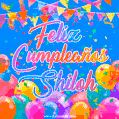 A vibrant animated GIF with 'Feliz Cumpleaños Shiloh' written in colorful script, surrounded by balloons, confetti, and bunting on a bright blue background.