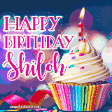 A festive animated GIF featuring a colorful cupcake with a single lit candle, sprinkles, and 'Happy Birthday Shiloh' text against a sparkling, celebratory background.