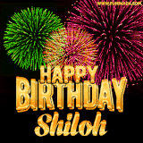 A captivating GIF with bursts of green, pink, and orange fireworks lighting up the night sky, accompanied by 'Happy Birthday Shiloh' in glowing golden text.