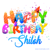 Animated GIF with colorful, festive 'Happy Birthday Shiloh' text decorated with patterns, a party hat, and falling confetti. A vibrant and cheerful design for birthday celebrations.