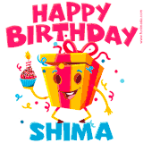 A vibrant and funny gift box character with a happy face dancing with a cupcake and the text 'Happy Birthday Shima,' surrounded by animated confetti and party vibes.