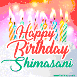 Bright birthday candles with rainbow flames on a cake, alongside the text 'Happy Birthday Shimasani' in vibrant script in this celebratory animated GIF.