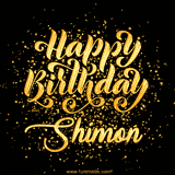 Animated GIF with colorful, festive 'Happy Birthday Shimon' text decorated with patterns, a party hat, and falling confetti. A vibrant and cheerful design for birthday celebrations.