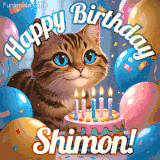 A playful tabby cat sits behind a colorful birthday cake surrounded by balloons and confetti, with 'Happy Birthday Shimon!' written above in festive letters.