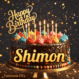 Gold lettering spelling the name Shimon on a festive chocolate cake with colorful sprinkles around the base.