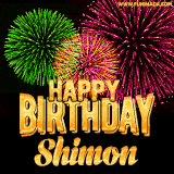 A captivating GIF with bursts of green, pink, and orange fireworks lighting up the night sky, accompanied by 'Happy Birthday Shimon' in glowing golden text.