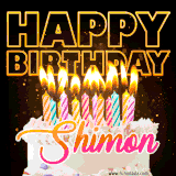 A vibrant animated GIF featuring a delicious birthday cake topped with glowing candles and the name 'Shimon' in elegant script, and the words 'Happy Birthday' on the black background.