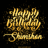 Animated GIF with colorful, festive 'Happy Birthday Shimshon' text decorated with patterns, a party hat, and falling confetti. A vibrant and cheerful design for birthday celebrations.
