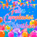 A vibrant animated GIF with 'Feliz Cumpleaños Shimshon' written in colorful script, surrounded by balloons, confetti, and bunting on a bright blue background.