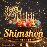 Shimmering birthday animation for Shimshon featuring a detailed chocolate drip cake and golden star particles.