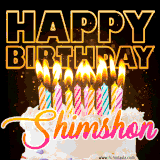 A vibrant animated GIF featuring a delicious birthday cake topped with glowing candles and the name 'Shimshon' in elegant script, and the words 'Happy Birthday' on the black background.