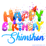 Animated GIF with colorful, festive 'Happy Birthday Shimshon' text decorated with patterns, a party hat, and falling confetti. A vibrant and cheerful design for birthday celebrations.