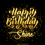 Animated GIF with colorful, festive 'Happy Birthday Shine' text decorated with patterns, a party hat, and falling confetti. A vibrant and cheerful design for birthday celebrations.