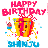 A vibrant and funny gift box character with a happy face dancing with a cupcake and the text 'Happy Birthday Shinju,' surrounded by animated confetti and party vibes.