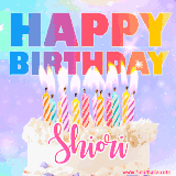 A vibrant animated name GIF with the words 'Happy Birthday Shiori' with colorful candles on a creamy cake. The background sparkles with pastel shades, adding a festive touch.