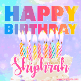 A vibrant animated name GIF with the words 'Happy Birthday Shiphrah' with colorful candles on a creamy cake. The background sparkles with pastel shades, adding a festive touch.