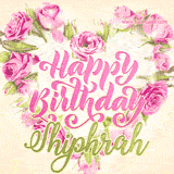 A stunning heart made of pink roses surrounds the elegant script text 'Happy Birthday Shiphrah' on a soft beige background. Animated sparkles add a magical and festive feel.