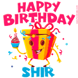 A vibrant and funny gift box character with a happy face dancing with a cupcake and the text 'Happy Birthday Shir,' surrounded by animated confetti and party vibes.